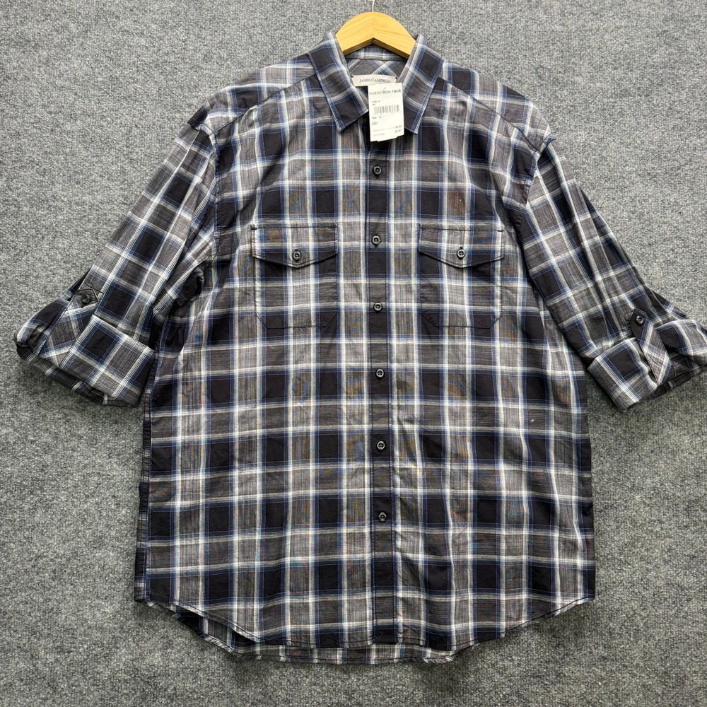 James Campbell Shirt Men's Size XL Black Blue White Plaid‎ Long Sleeve Button-Up